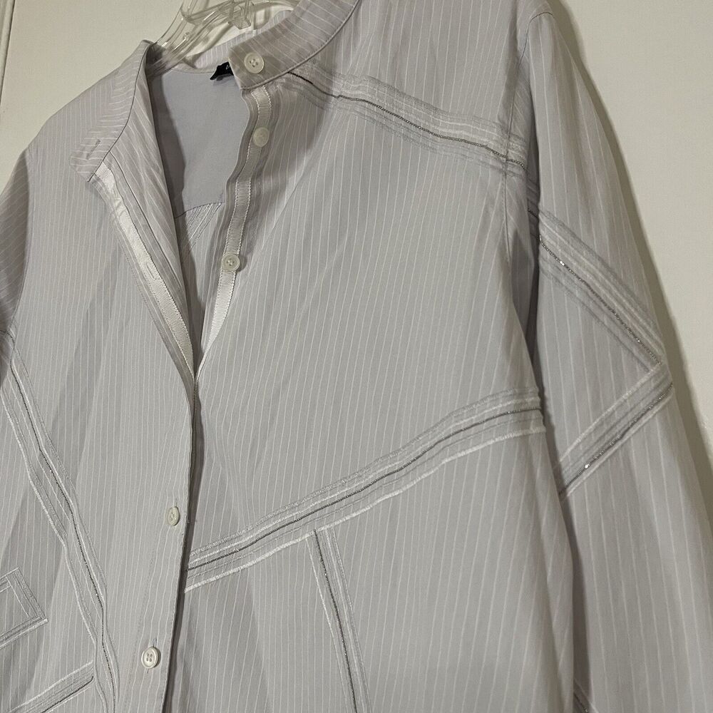 LAFAYETTE 148 new york gray stripe diamond button down cotton blouse medium - Picture 2 of 6